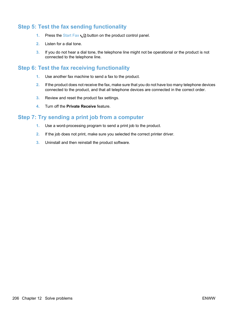 Step 5: test the fax sending functionality, Step 6: test the fax receiving functionality, Step 7: try sending a print job from a computer | HP LaserJet Pro M1536dnf MFP SERIES User Manual | Page 220 / 286
