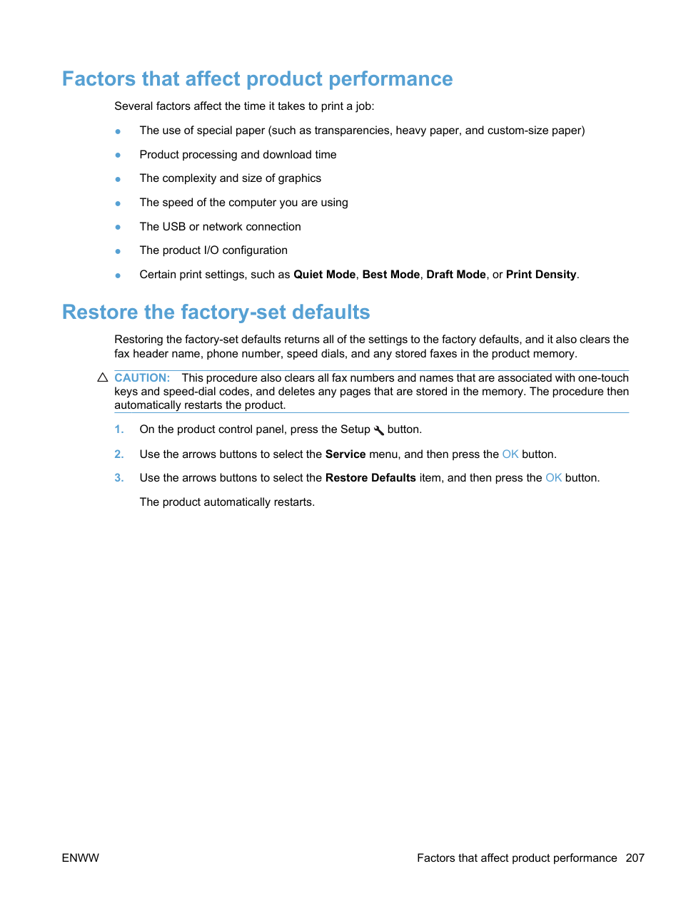 Factors that affect product performance, Restore the factory-set defaults | HP LaserJet Pro M1536dnf MFP SERIES User Manual | Page 221 / 286
