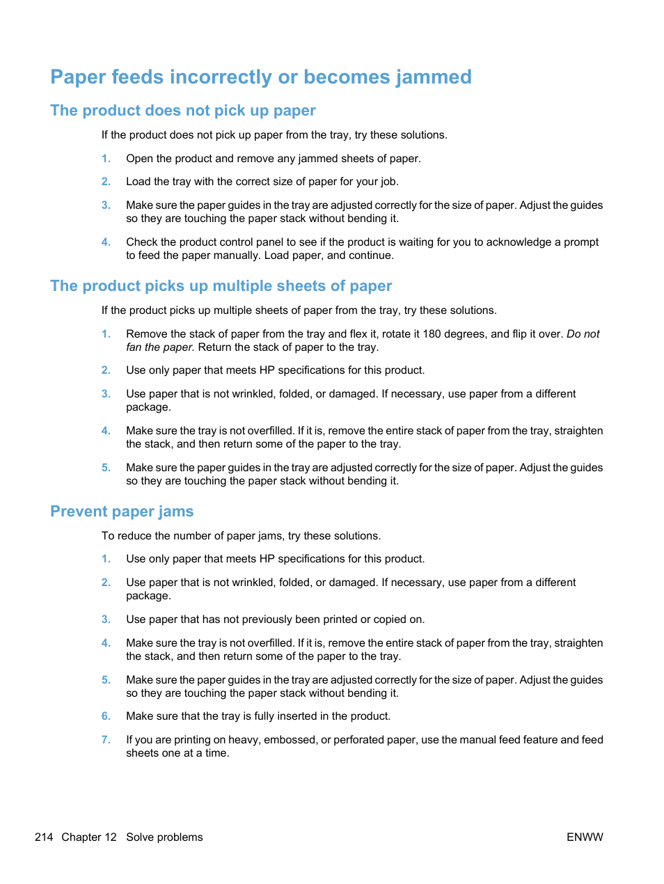 Paper feeds incorrectly or becomes jammed, The product does not pick up paper, The product picks up multiple sheets of paper | Prevent paper jams | HP LaserJet Pro M1536dnf MFP SERIES User Manual | Page 228 / 286