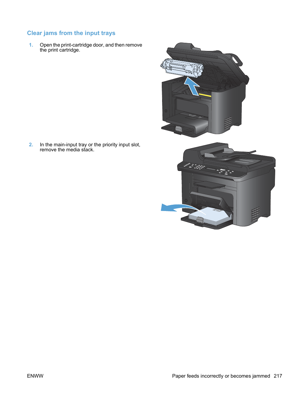 Clear jams from the input trays | HP LaserJet Pro M1536dnf MFP SERIES User Manual | Page 231 / 286