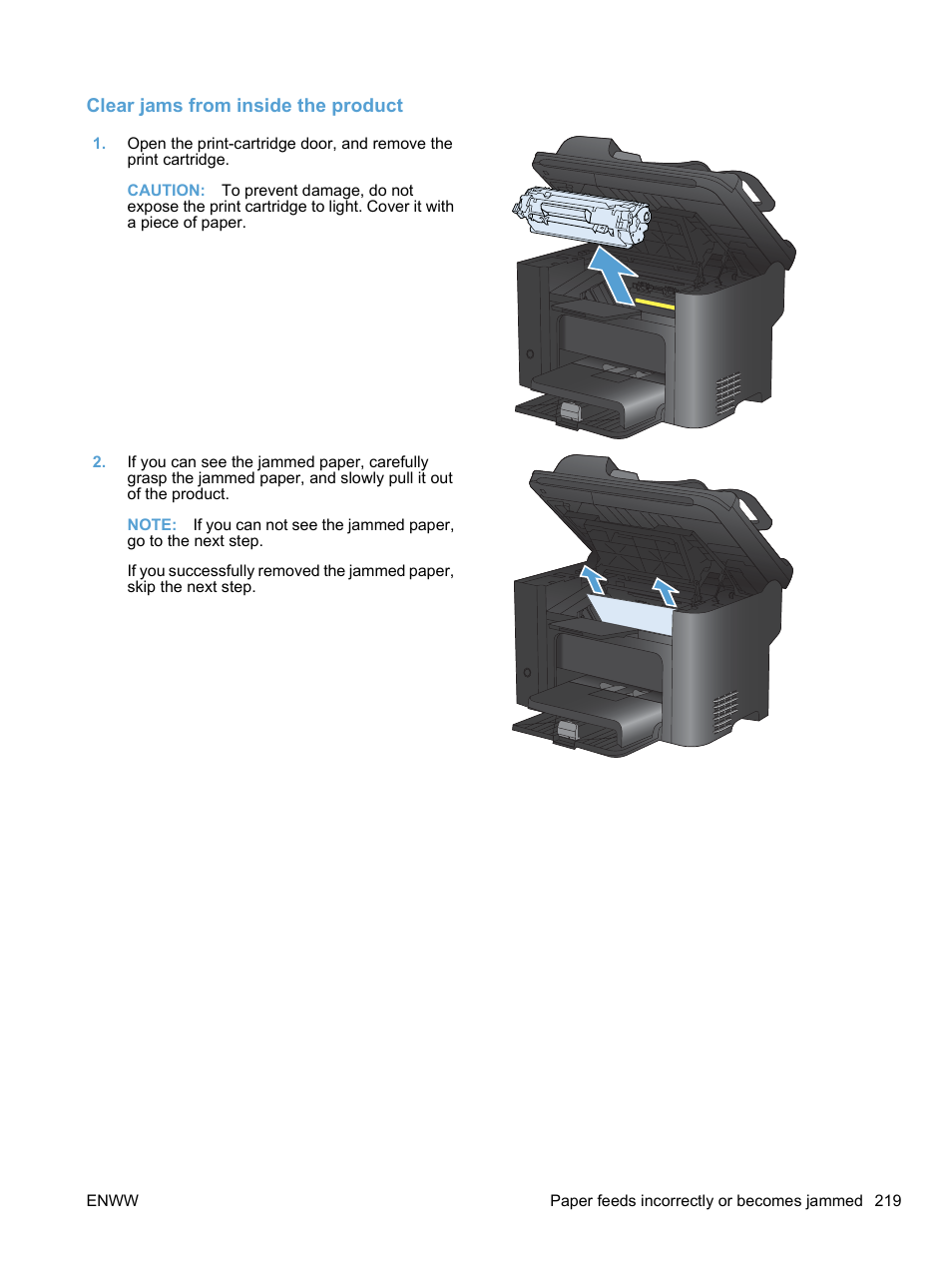 Clear jams from inside the product | HP LaserJet Pro M1536dnf MFP SERIES User Manual | Page 233 / 286