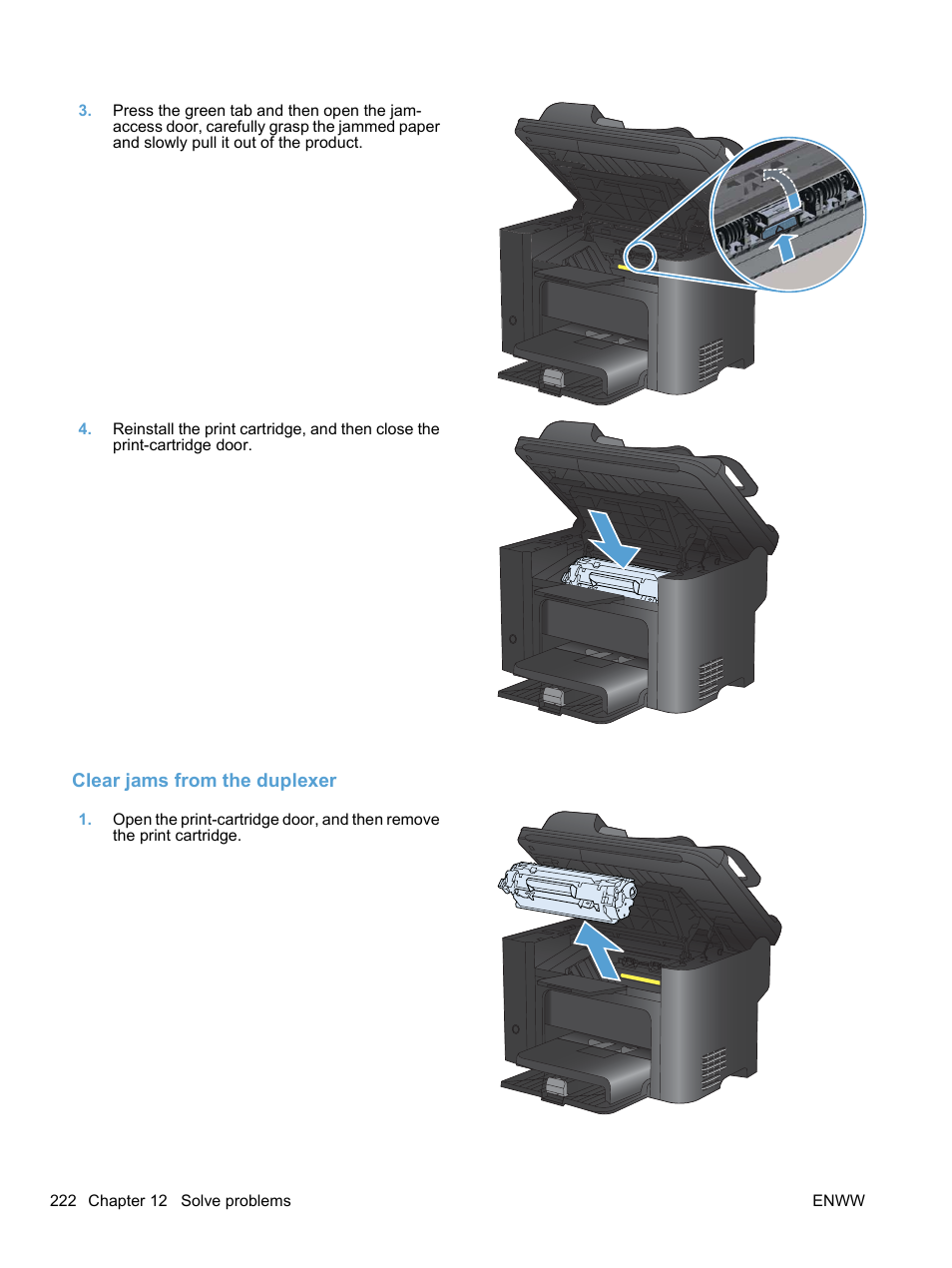 Clear jams from the duplexer | HP LaserJet Pro M1536dnf MFP SERIES User Manual | Page 236 / 286