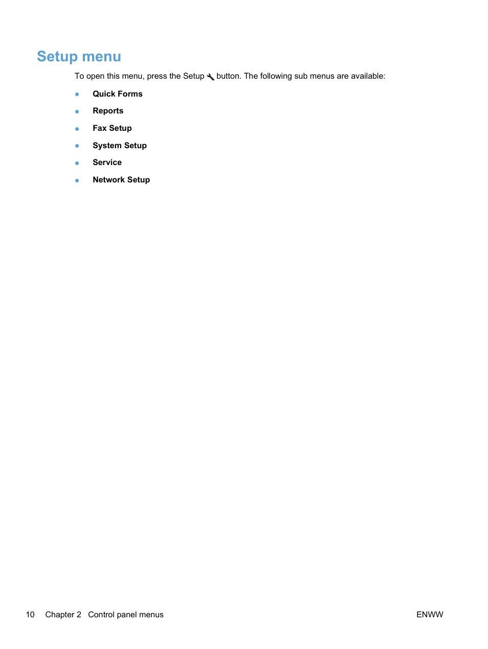 Setup menu | HP LaserJet Pro M1536dnf MFP SERIES User Manual | Page 24 / 286