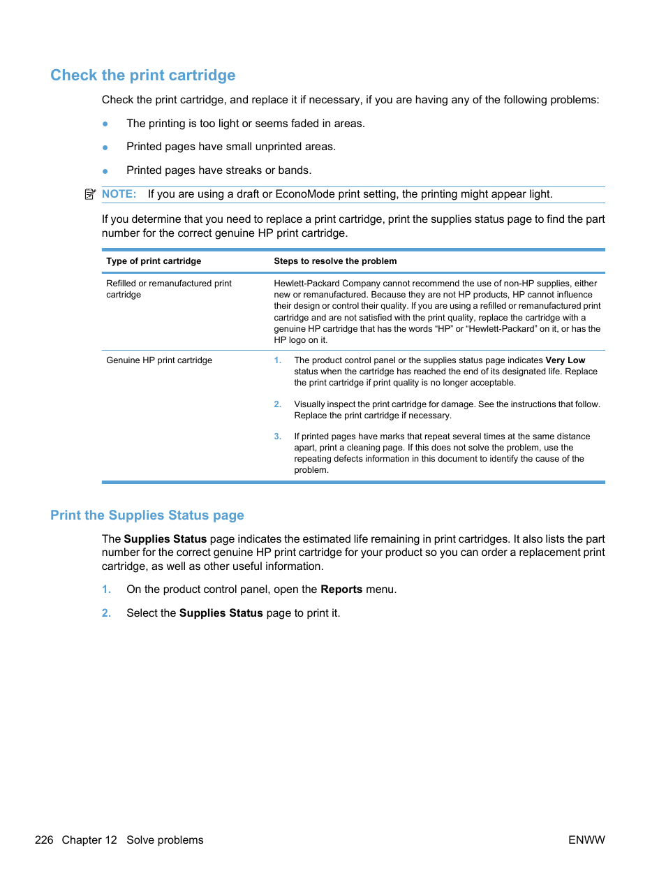 Check the print cartridge, Print the supplies status page | HP LaserJet Pro M1536dnf MFP SERIES User Manual | Page 240 / 286