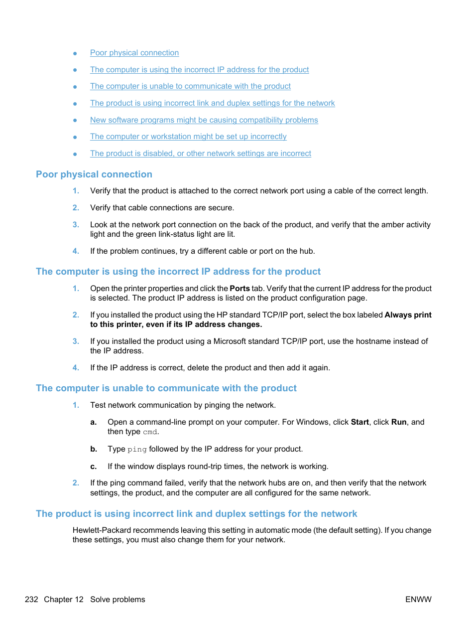 Poor physical connection | HP LaserJet Pro M1536dnf MFP SERIES User Manual | Page 246 / 286