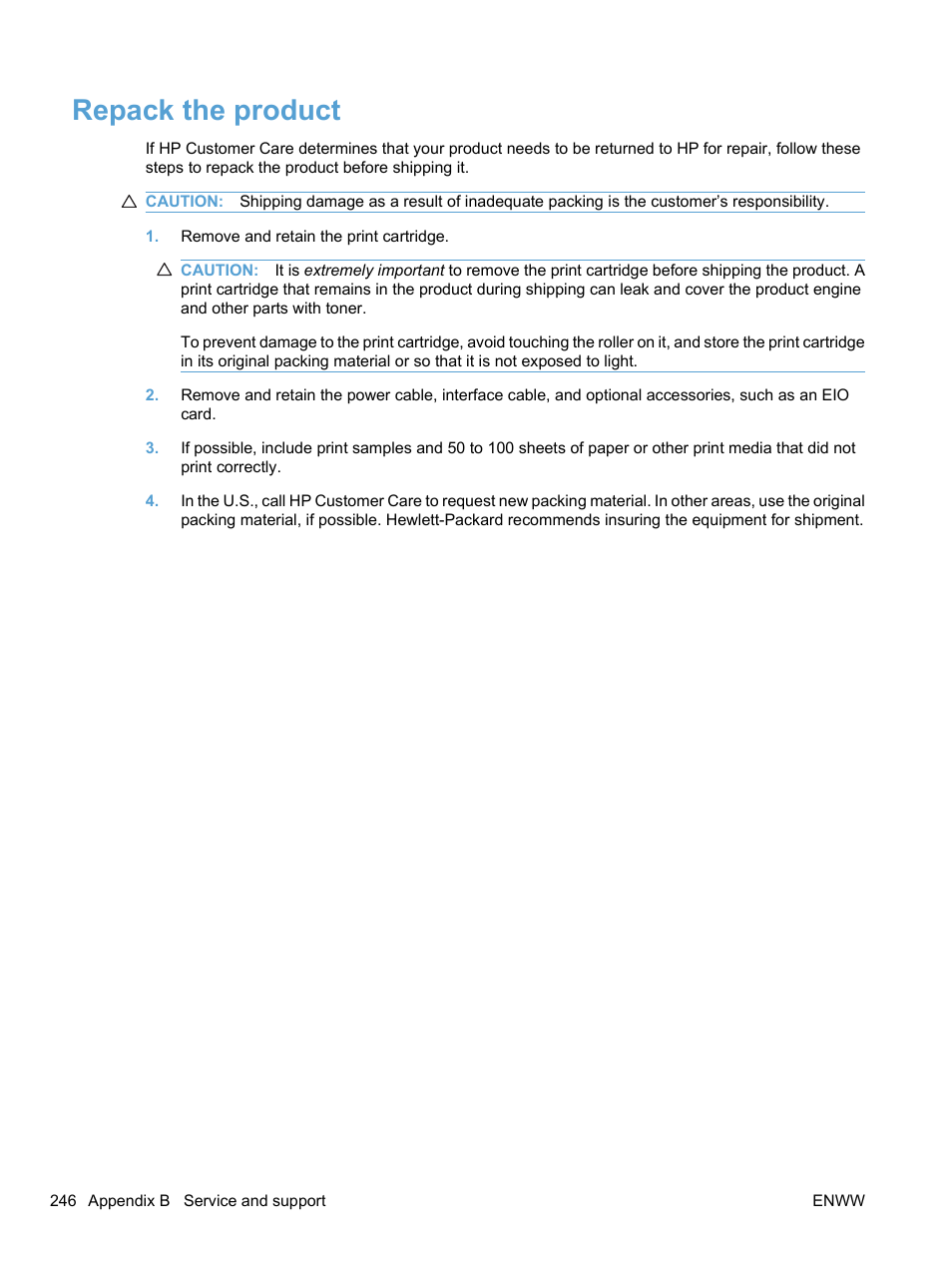 Repack the product | HP LaserJet Pro M1536dnf MFP SERIES User Manual | Page 260 / 286