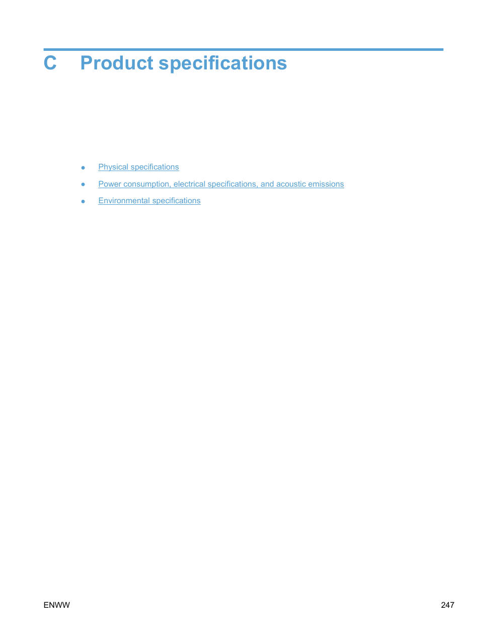 Product specifications, Appendix c product specifications, Cproduct specifications | HP LaserJet Pro M1536dnf MFP SERIES User Manual | Page 261 / 286