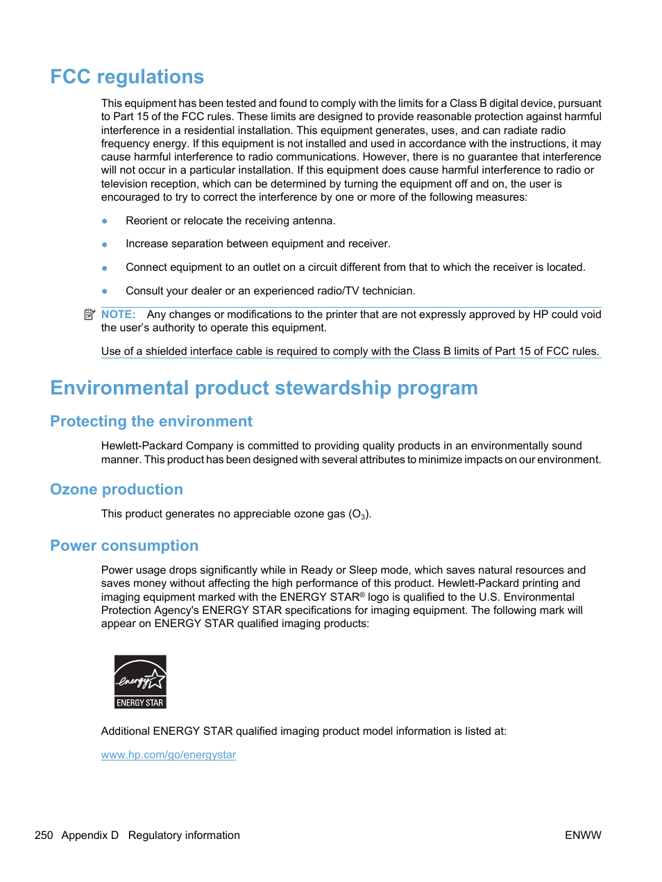 Fcc regulations, Environmental product stewardship program, Protecting the environment | Ozone production, Power consumption | HP LaserJet Pro M1536dnf MFP SERIES User Manual | Page 264 / 286