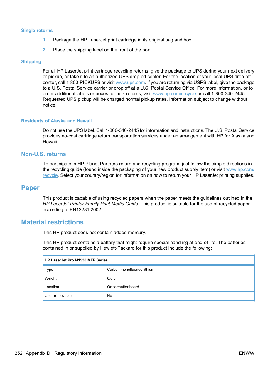 Single returns, Shipping, Residents of alaska and hawaii | Non-u.s. returns, Paper, Material restrictions, Paper material restrictions | HP LaserJet Pro M1536dnf MFP SERIES User Manual | Page 266 / 286
