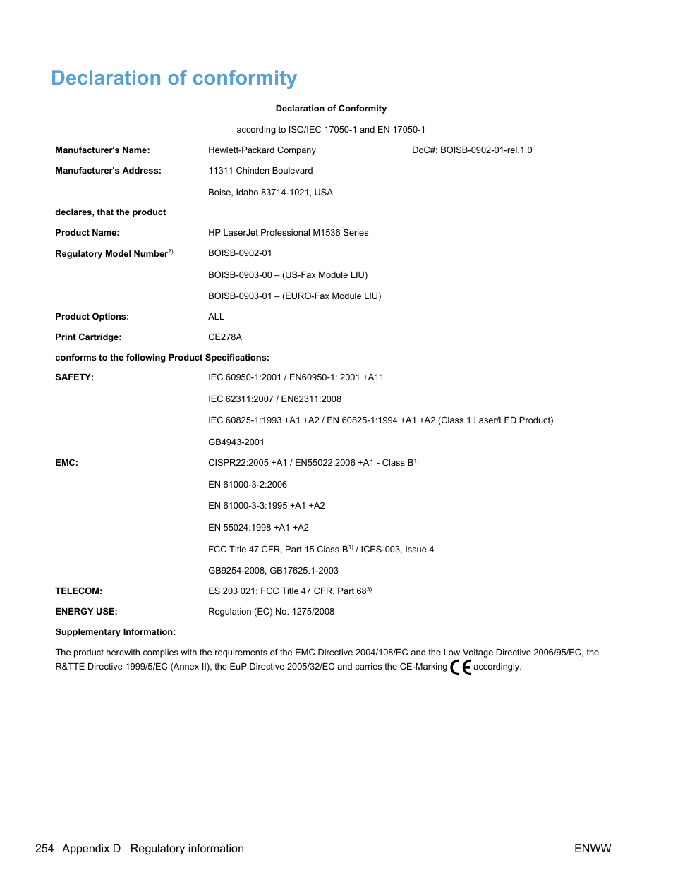 Declaration of conformity, 254 appendix d regulatory information enww | HP LaserJet Pro M1536dnf MFP SERIES User Manual | Page 268 / 286