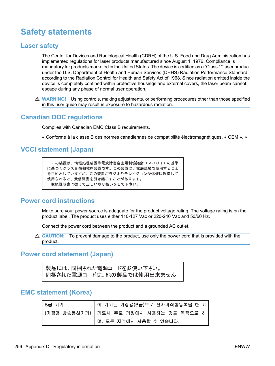 Safety statements, Laser safety, Canadian doc regulations | Vcci statement (japan), Power cord instructions, Power cord statement (japan), Emc statement (korea), Vcci statement (japan) power cord instructions, Power cord statement (japan) emc statement (korea) | HP LaserJet Pro M1536dnf MFP SERIES User Manual | Page 270 / 286