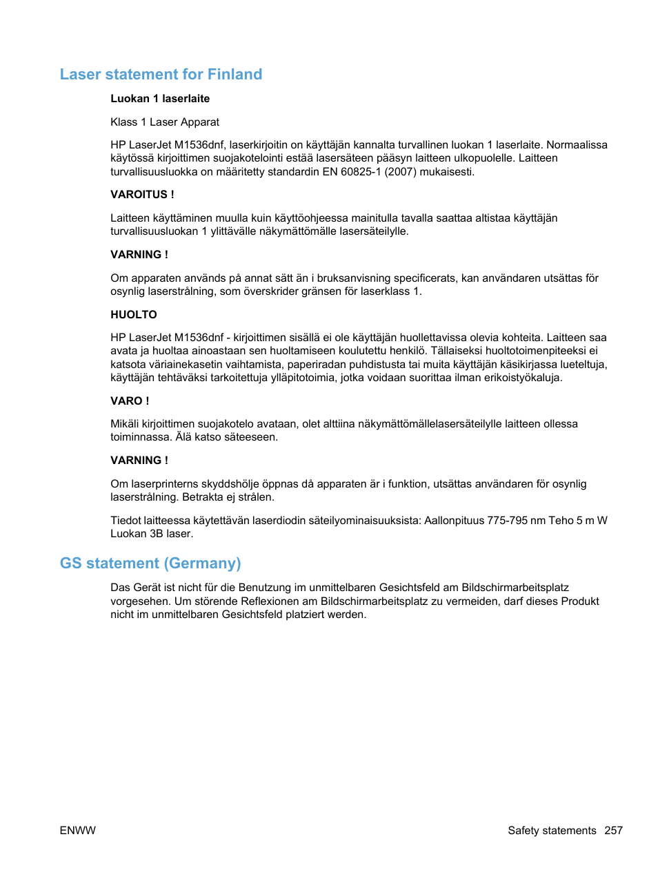 Laser statement for finland, Gs statement (germany), Laser statement for finland gs statement (germany) | HP LaserJet Pro M1536dnf MFP SERIES User Manual | Page 271 / 286
