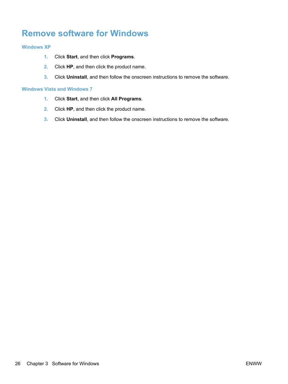 Remove software for windows | HP LaserJet Pro M1536dnf MFP SERIES User Manual | Page 40 / 286