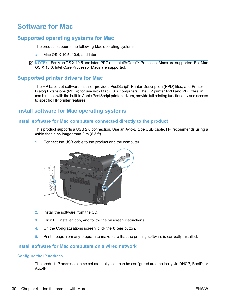 Software for mac, Supported operating systems for mac, Supported printer drivers for mac | Install software for mac operating systems, Configure the ip address | HP LaserJet Pro M1536dnf MFP SERIES User Manual | Page 44 / 286