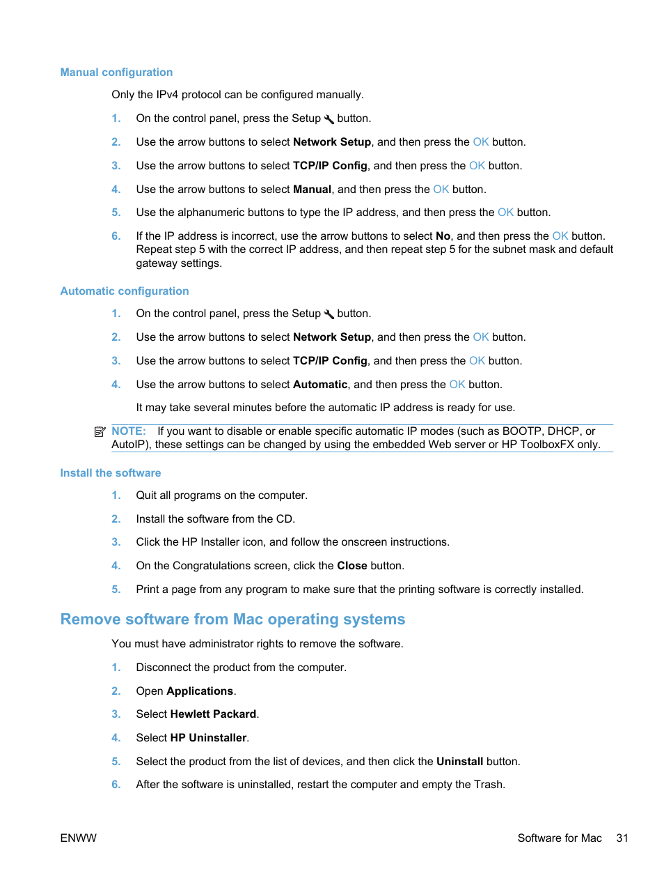 Manual configuration, Automatic configuration, Install the software | Remove software from mac operating systems | HP LaserJet Pro M1536dnf MFP SERIES User Manual | Page 45 / 286