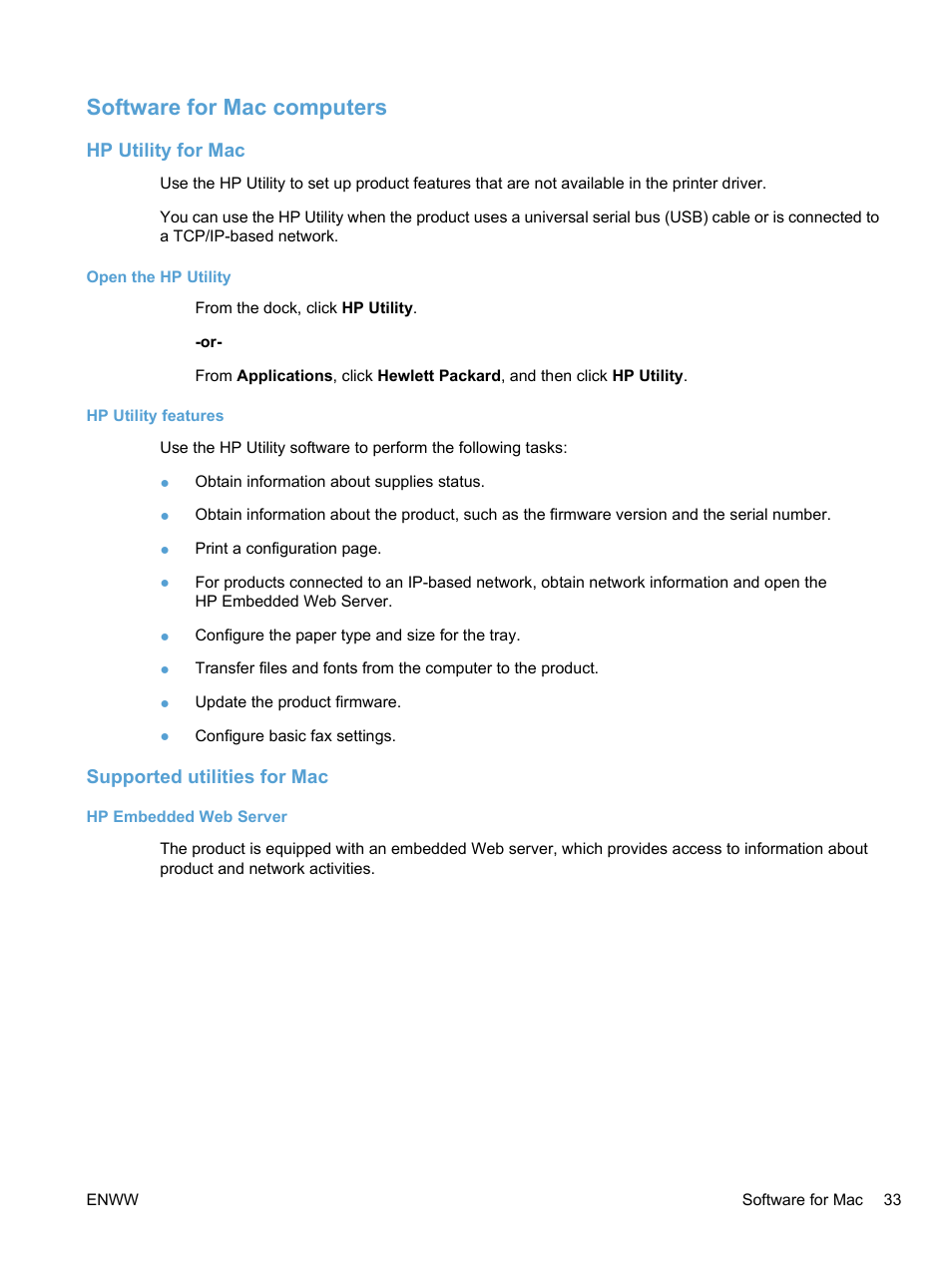 Software for mac computers, Hp utility for mac, Open the hp utility | Hp utility features, Supported utilities for mac, Hp embedded web server | HP LaserJet Pro M1536dnf MFP SERIES User Manual | Page 47 / 286
