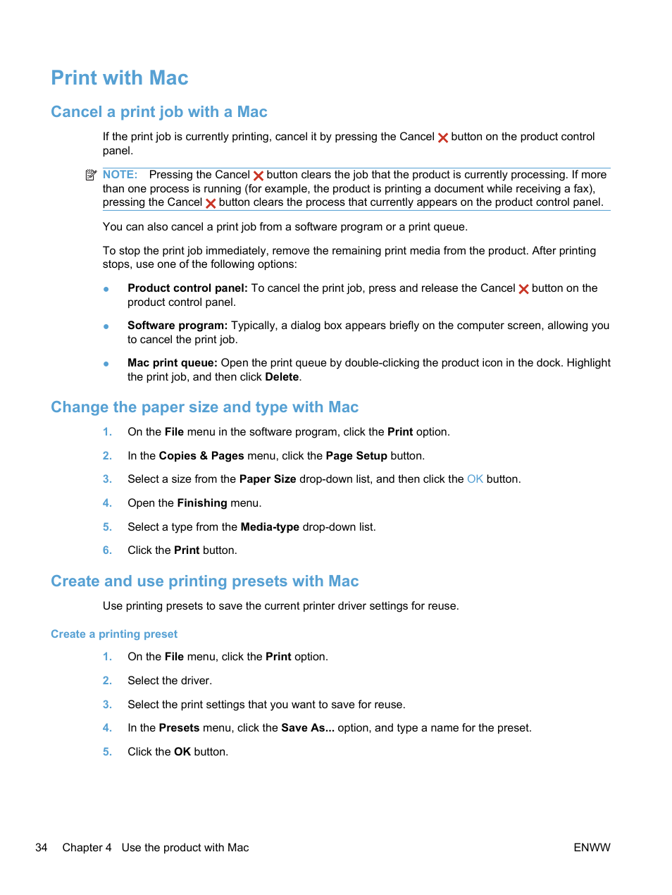 Print with mac, Cancel a print job with a mac, Change the paper size and type with mac | Create and use printing presets with mac | HP LaserJet Pro M1536dnf MFP SERIES User Manual | Page 48 / 286