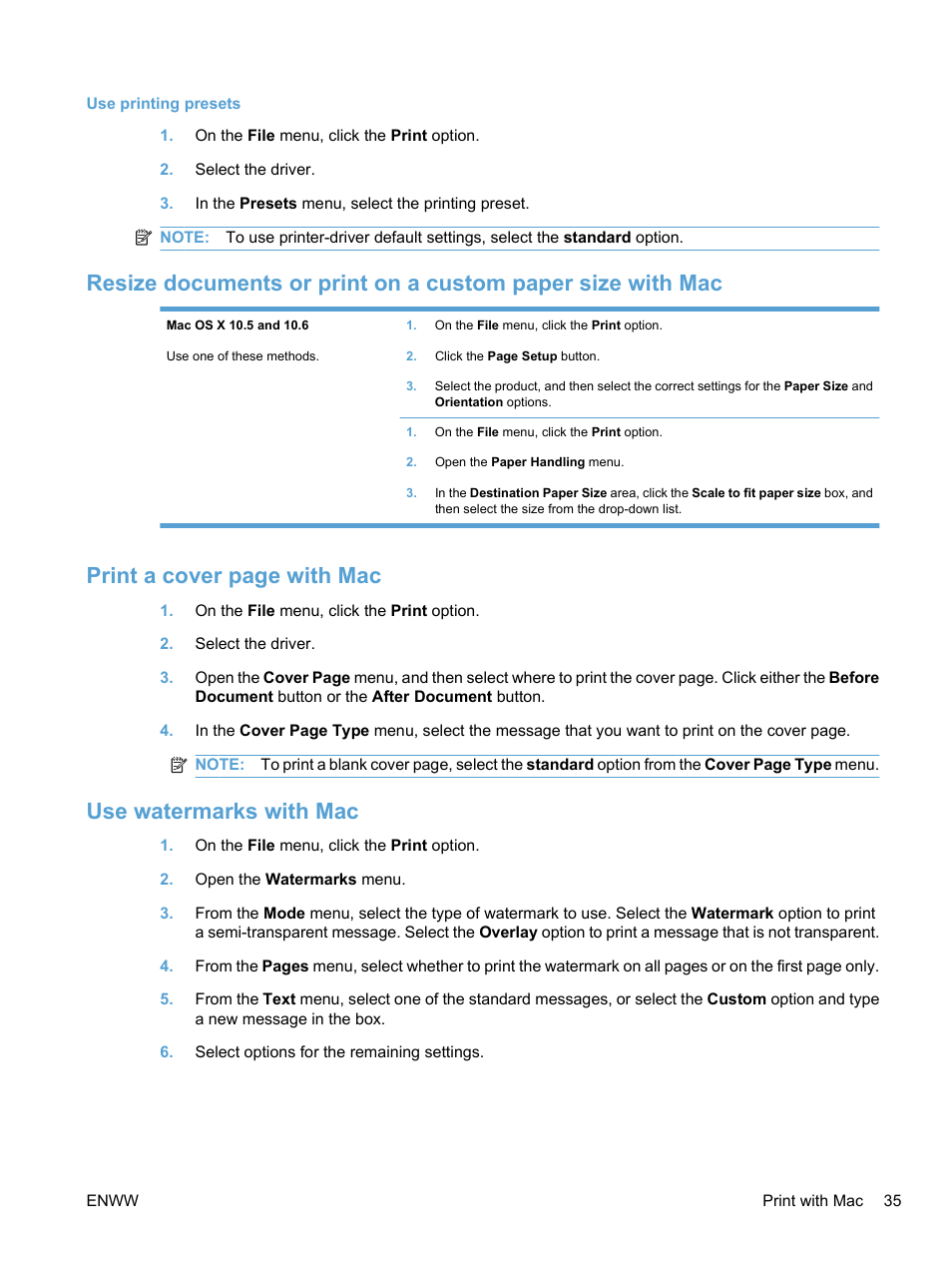 Use watermarks with mac, Print a cover page with mac | HP LaserJet Pro M1536dnf MFP SERIES User Manual | Page 49 / 286