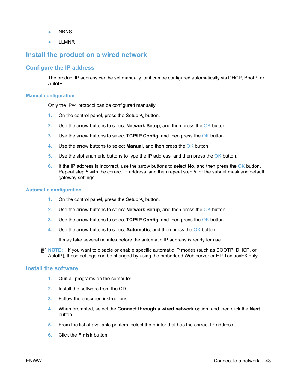 Install the product on a wired network, Configure the ip address, Manual configuration | Automatic configuration, Install the software | HP LaserJet Pro M1536dnf MFP SERIES User Manual | Page 57 / 286