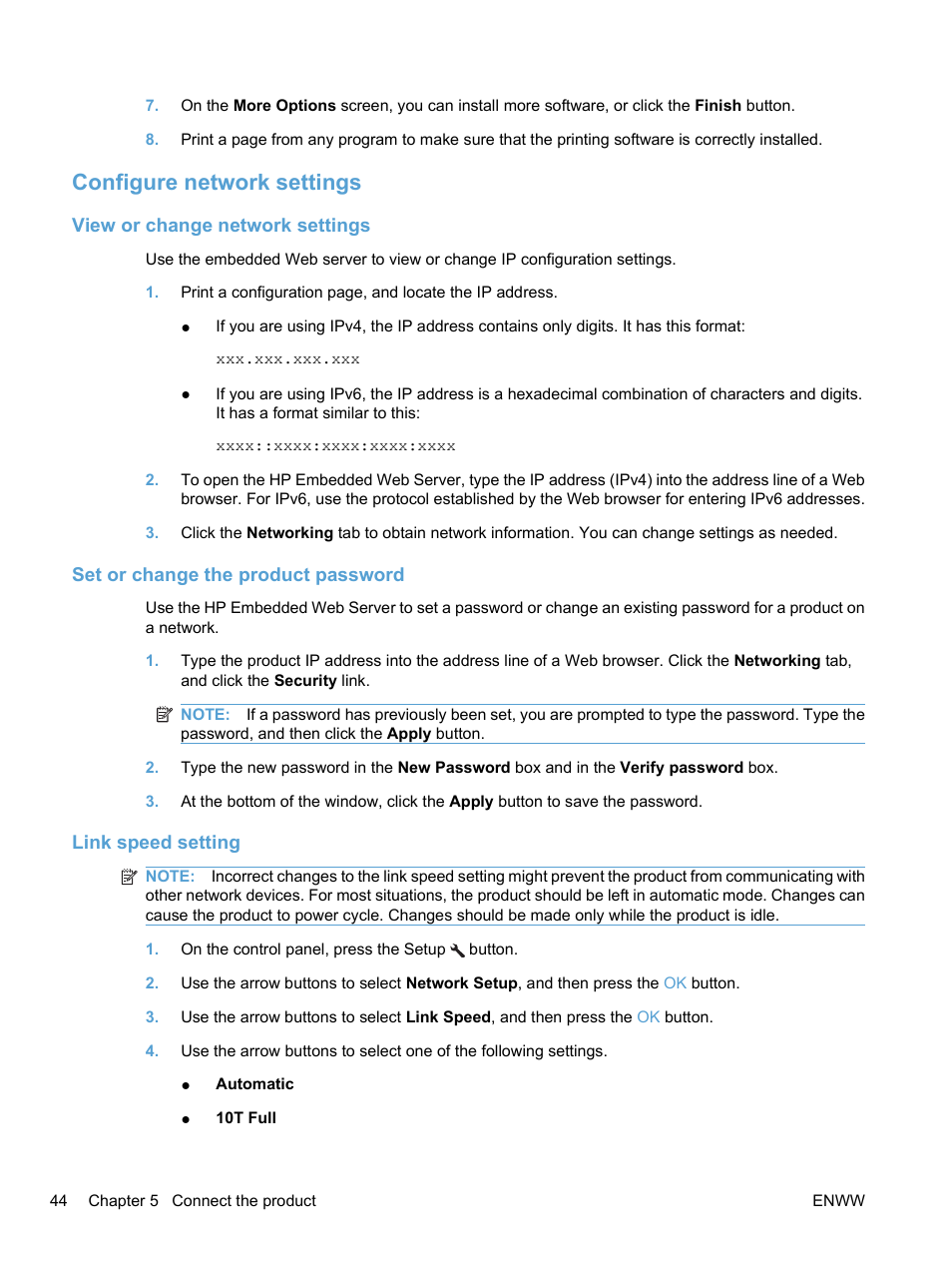 Configure network settings, View or change network settings, Set or change the product password | Link speed setting | HP LaserJet Pro M1536dnf MFP SERIES User Manual | Page 58 / 286