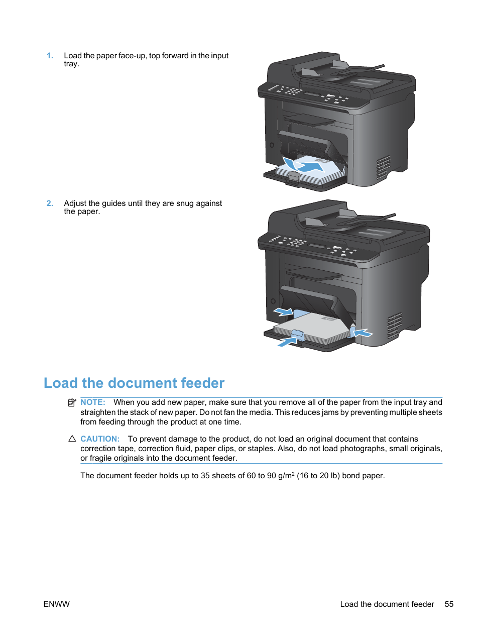 Load the document feeder | HP LaserJet Pro M1536dnf MFP SERIES User Manual | Page 69 / 286