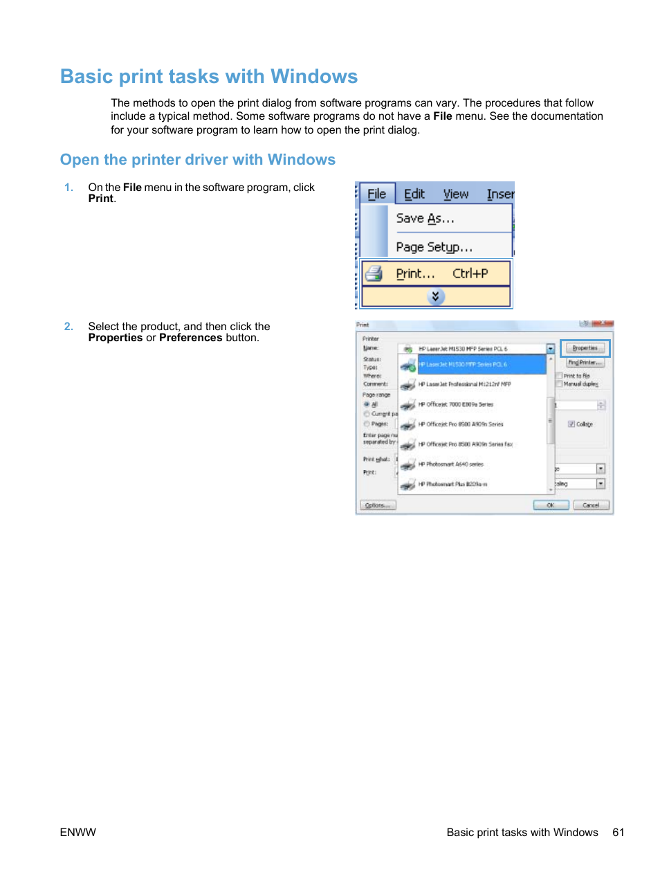 Basic print tasks with windows, Open the printer driver with windows | HP LaserJet Pro M1536dnf MFP SERIES User Manual | Page 75 / 286