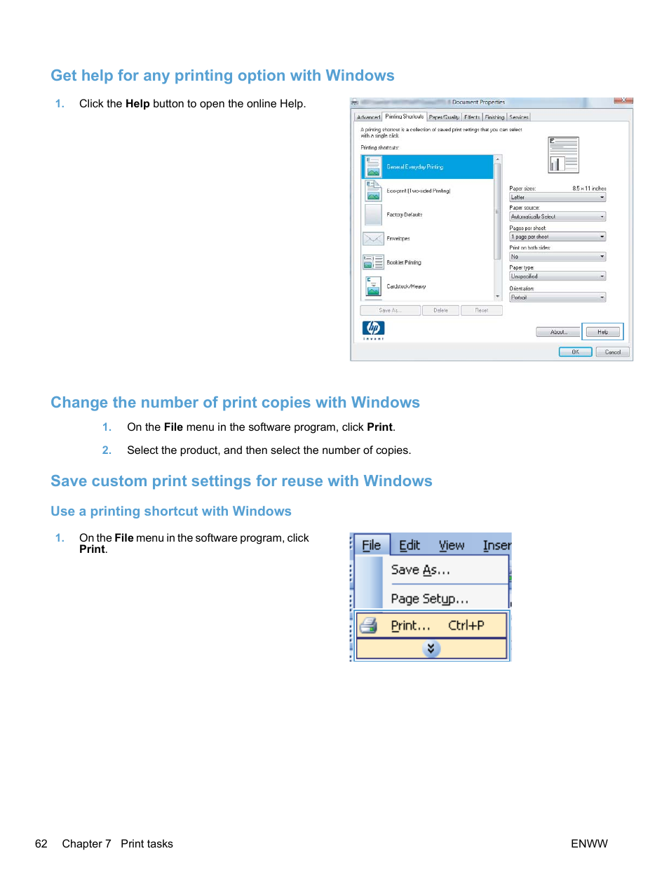 Get help for any printing option with windows, Change the number of print copies with windows, Save custom print settings for reuse with windows | Use a printing shortcut with windows | HP LaserJet Pro M1536dnf MFP SERIES User Manual | Page 76 / 286