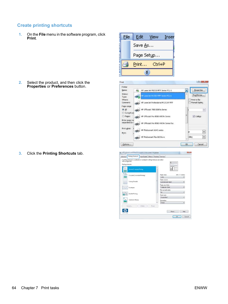 Create printing shortcuts | HP LaserJet Pro M1536dnf MFP SERIES User Manual | Page 78 / 286