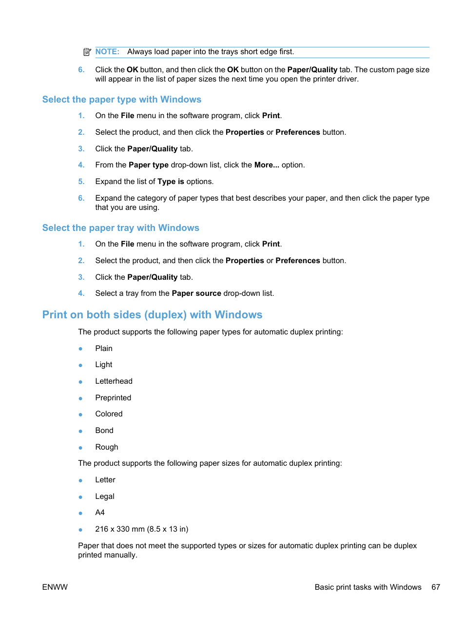 Select the paper type with windows, Select the paper tray with windows, Print on both sides (duplex) with windows | HP LaserJet Pro M1536dnf MFP SERIES User Manual | Page 81 / 286