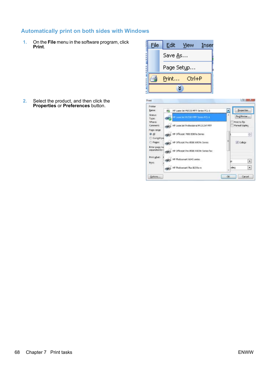 Automatically print on both sides with windows | HP LaserJet Pro M1536dnf MFP SERIES User Manual | Page 82 / 286