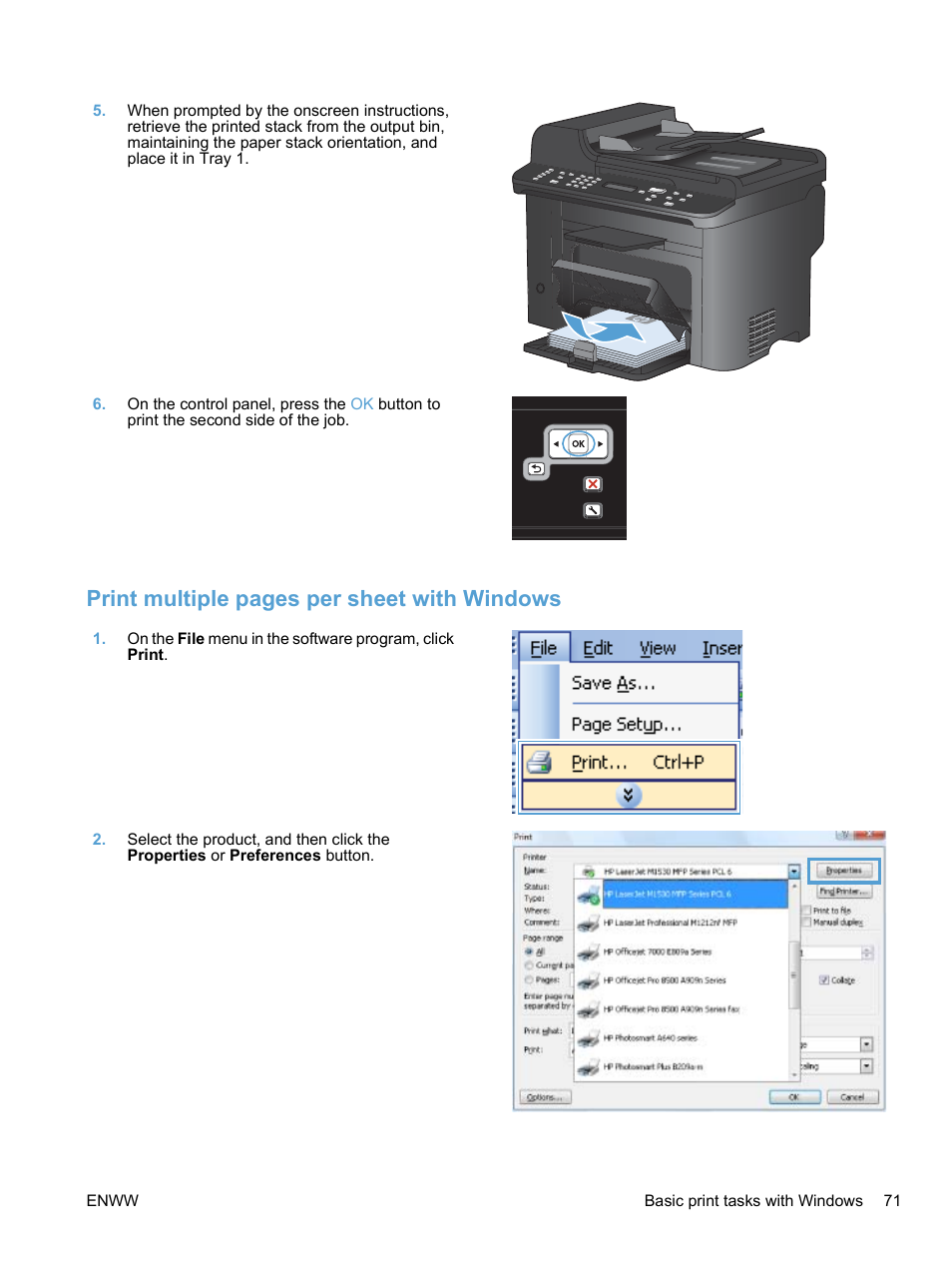 Print multiple pages per sheet with windows | HP LaserJet Pro M1536dnf MFP SERIES User Manual | Page 85 / 286