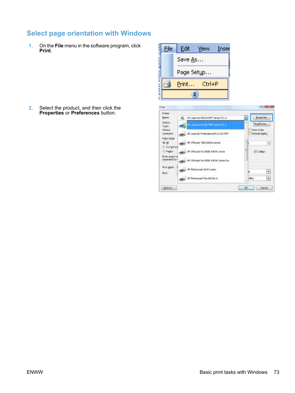 Select page orientation with windows | HP LaserJet Pro M1536dnf MFP SERIES User Manual | Page 87 / 286