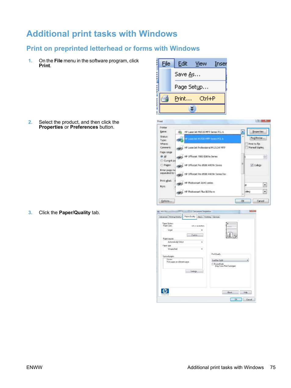 Additional print tasks with windows | HP LaserJet Pro M1536dnf MFP SERIES User Manual | Page 89 / 286