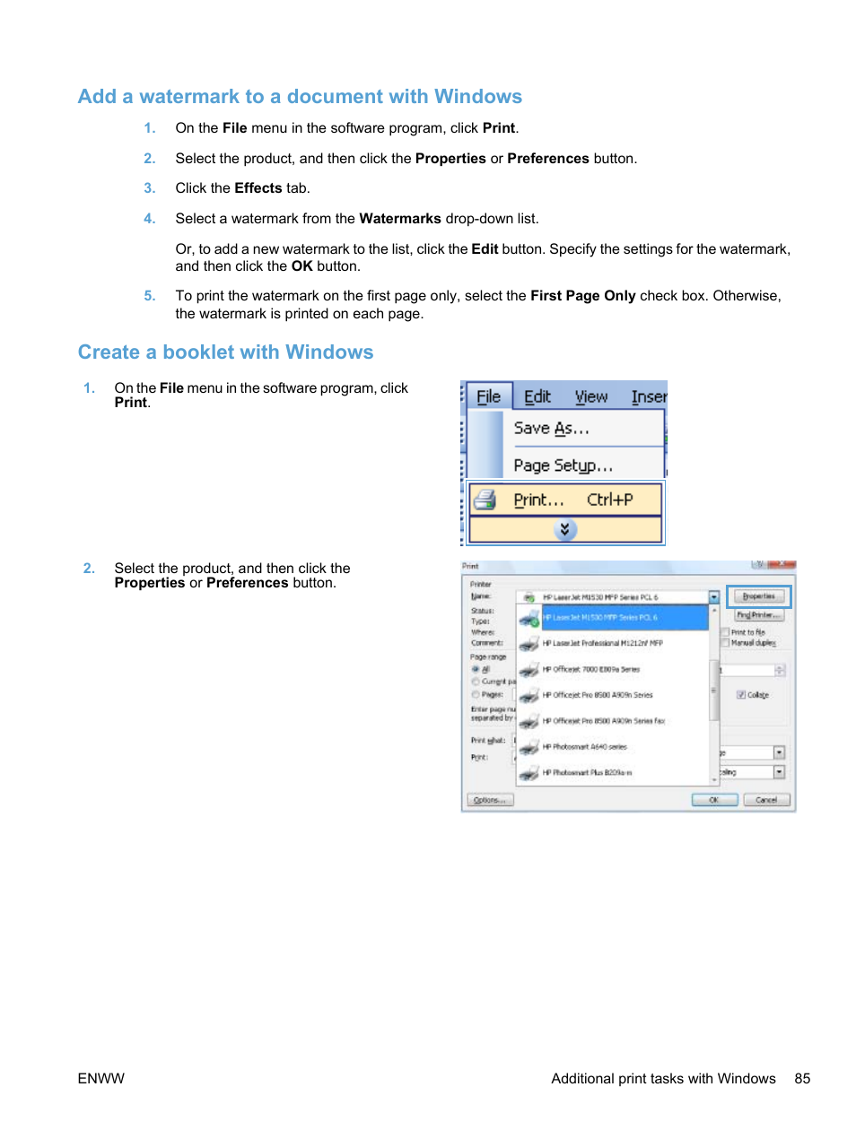 Add a watermark to a document with windows, Create a booklet with windows | HP LaserJet Pro M1536dnf MFP SERIES User Manual | Page 99 / 286