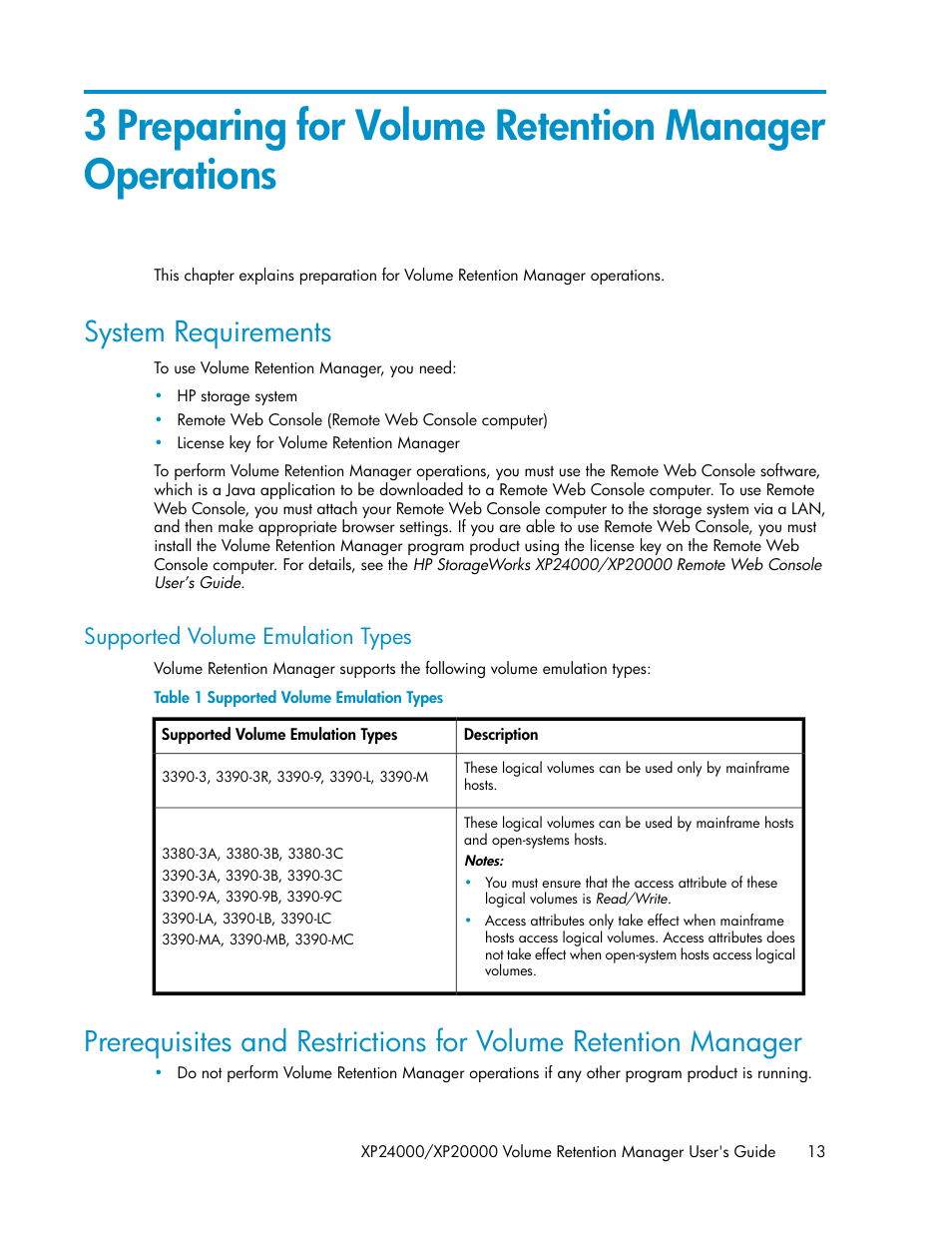 System requirements, Supported volume emulation types | HP XP Array Manager Software User Manual | Page 13 / 44