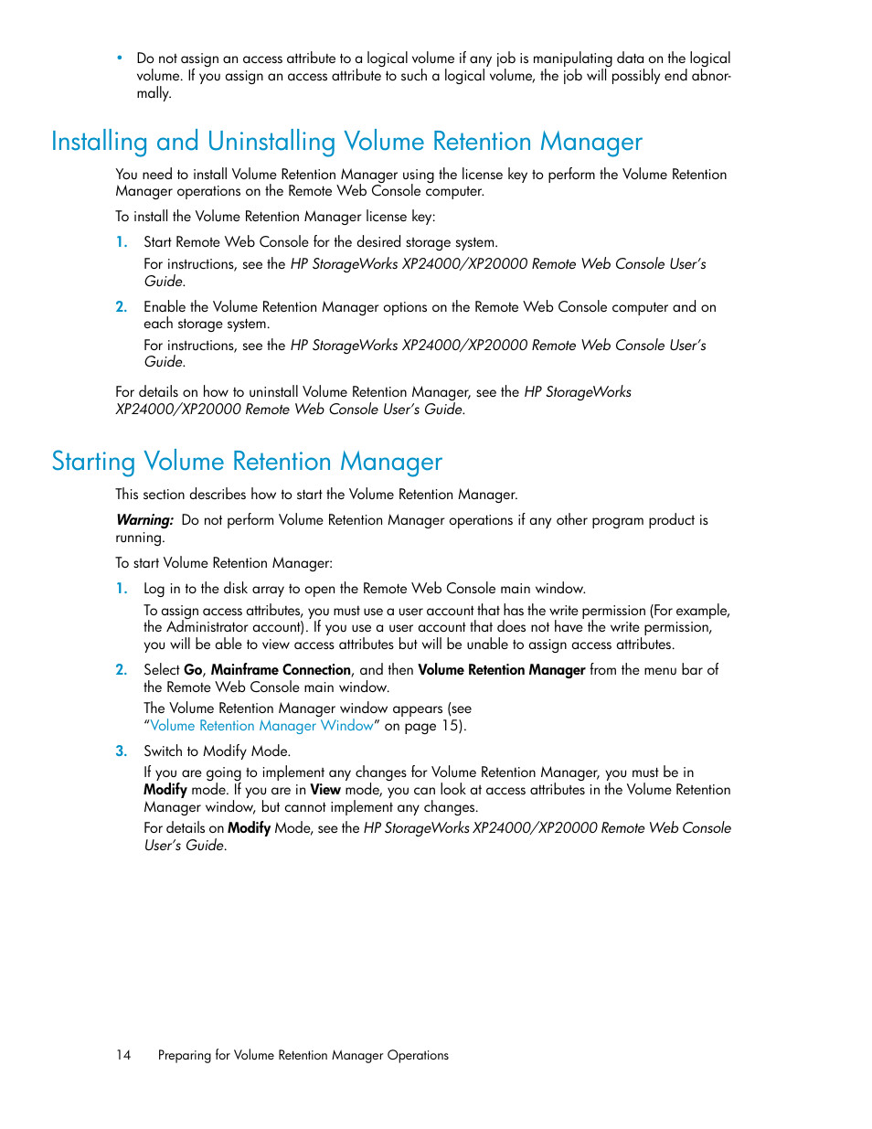 Starting volume retention manager, 14 starting volume retention manager | HP XP Array Manager Software User Manual | Page 14 / 44
