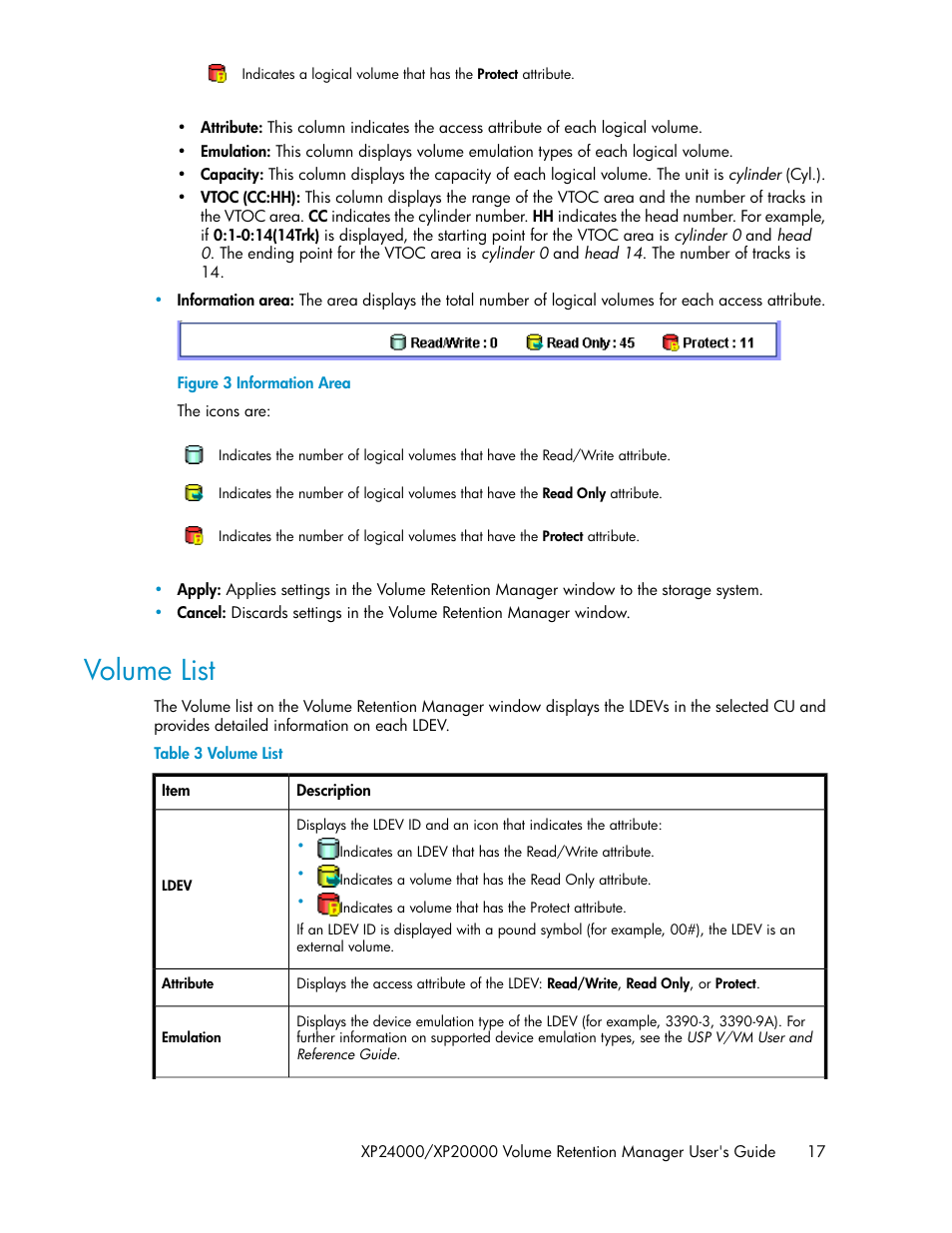 Volume list, Information area | HP XP Array Manager Software User Manual | Page 17 / 44
