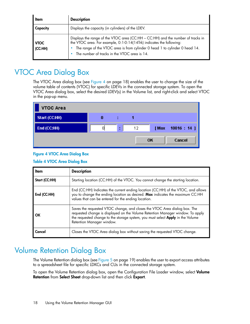 Vtoc area dialog box, Volume retention dialog box, 18 volume retention dialog box | HP XP Array Manager Software User Manual | Page 18 / 44