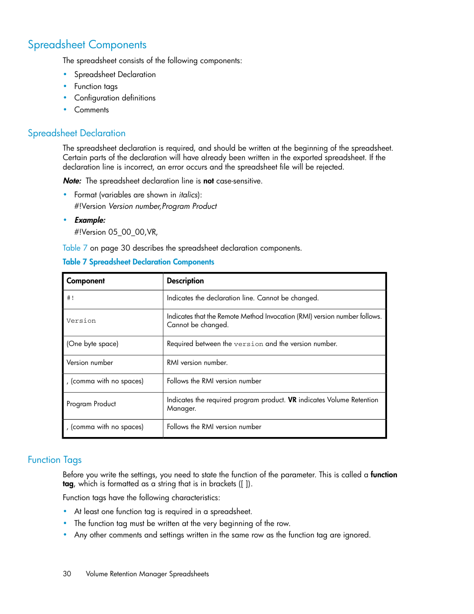 Spreadsheet components, Spreadsheet declaration, Function tags | 30 function tags, Spreadsheet declaration components | HP XP Array Manager Software User Manual | Page 30 / 44