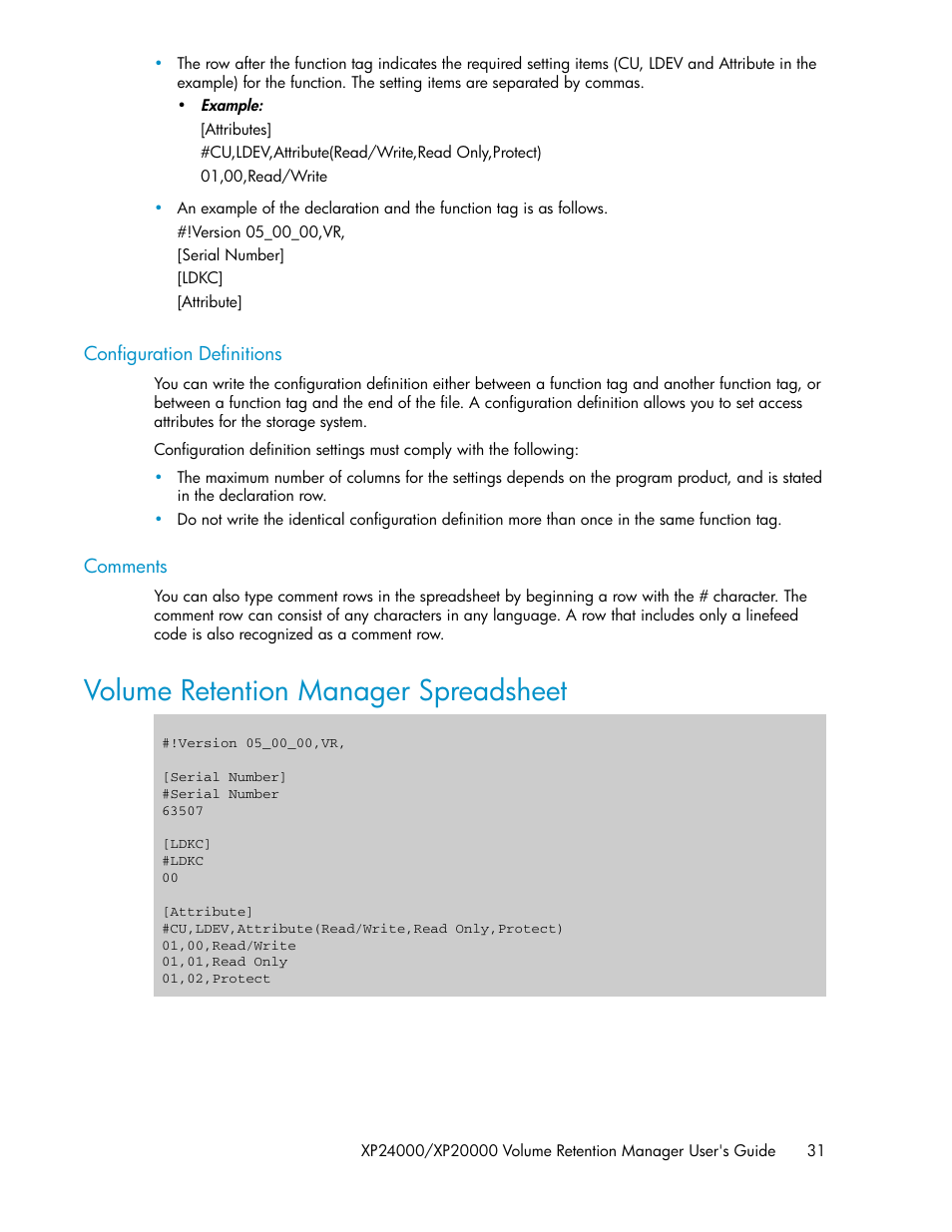 Configuration definitions, Comments, Volume retention manager spreadsheet | 31 comments | HP XP Array Manager Software User Manual | Page 31 / 44