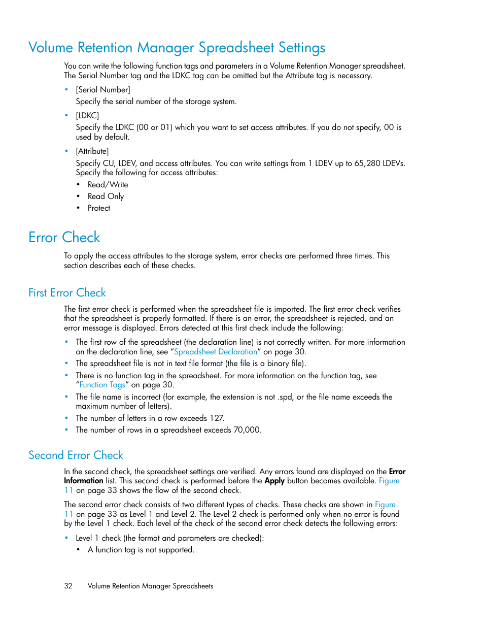 Volume retention manager spreadsheet settings, Error check, First error check | Second error check, 32 error check, 32 second error check | HP XP Array Manager Software User Manual | Page 32 / 44