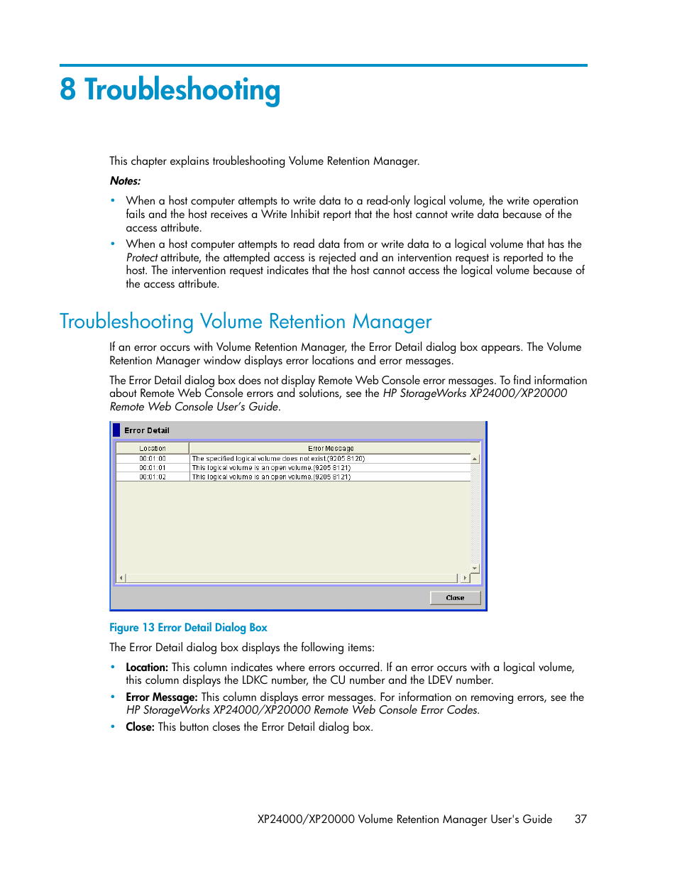 8 troubleshooting, Troubleshooting volume retention manager, Error detail dialog box | HP XP Array Manager Software User Manual | Page 37 / 44