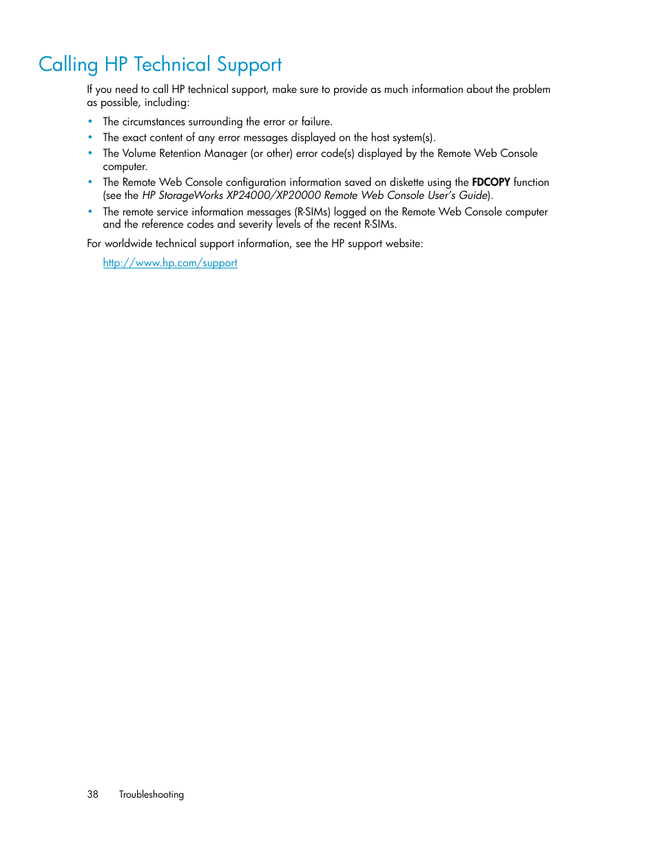 Calling hp technical support | HP XP Array Manager Software User Manual | Page 38 / 44