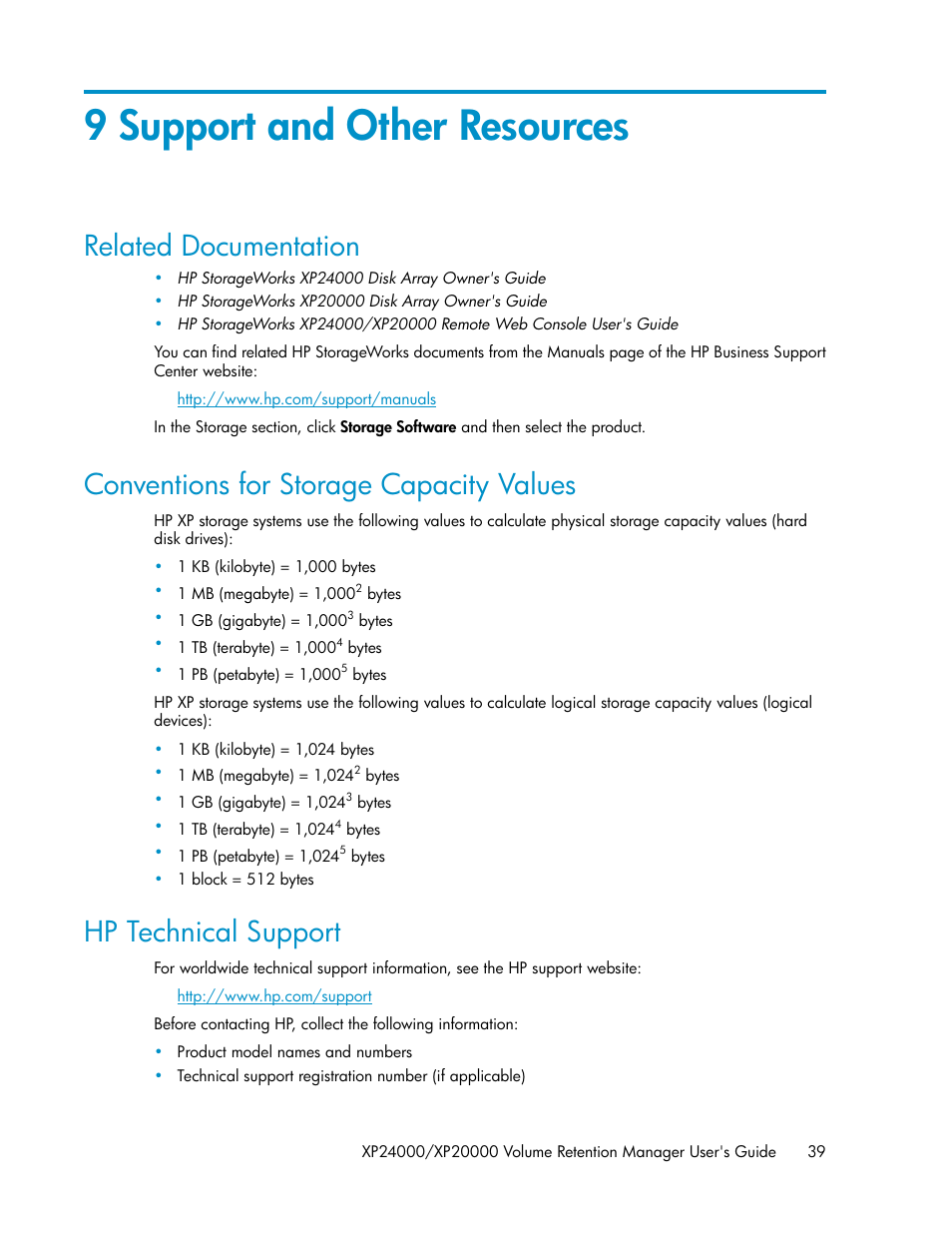 9 support and other resources, Related documentation, Conventions for storage capacity values | Hp technical support, 39 conventions for storage capacity values, 39 hp technical support | HP XP Array Manager Software User Manual | Page 39 / 44