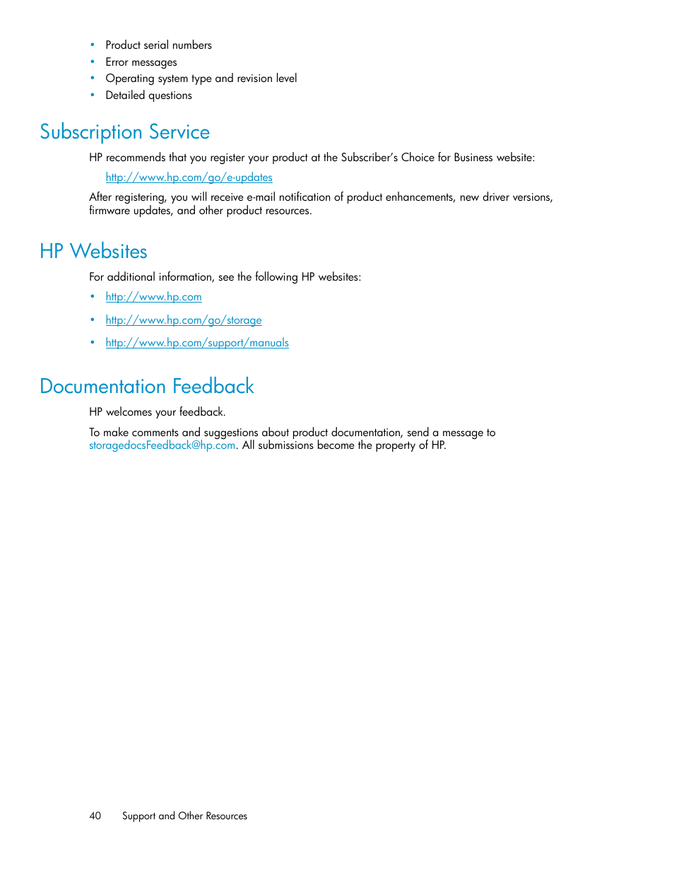 Subscription service, Hp websites, Documentation feedback | 40 hp websites, 40 documentation feedback | HP XP Array Manager Software User Manual | Page 40 / 44