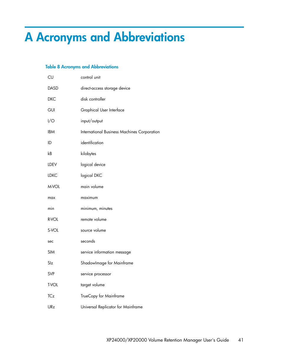 A acronyms and abbreviations, Acronyms and abbreviations | HP XP Array Manager Software User Manual | Page 41 / 44