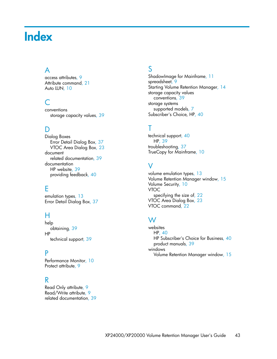 Index | HP XP Array Manager Software User Manual | Page 43 / 44