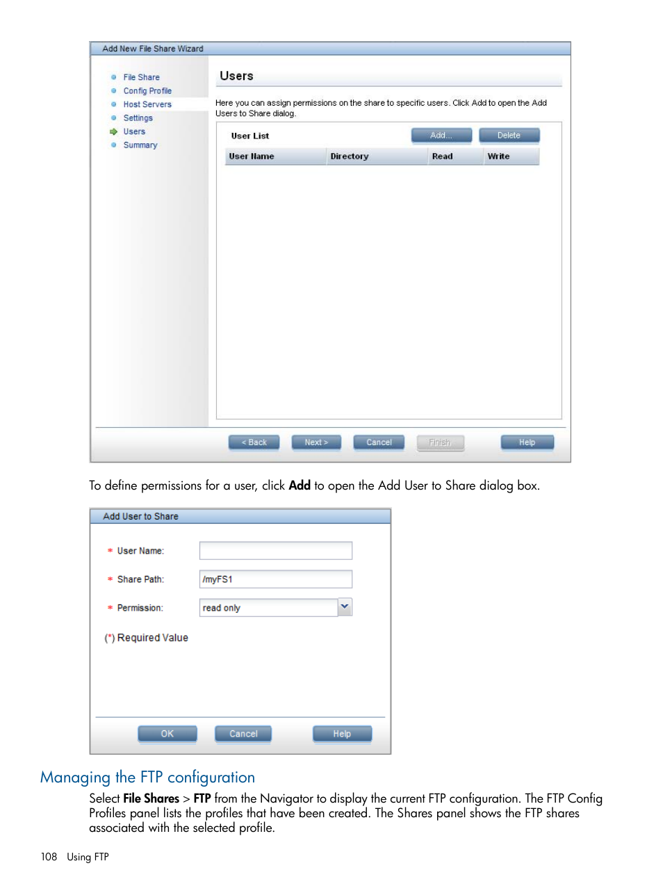 Managing the ftp configuration | HP StoreAll Storage User Manual | Page 108 / 294