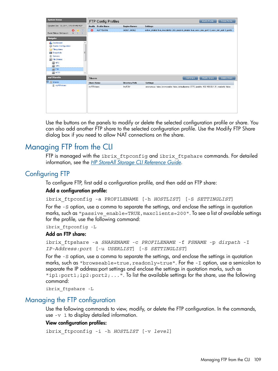 Managing ftp from the cli, Configuring ftp, Managing the ftp configuration | Configuring ftp managing the ftp configuration | HP StoreAll Storage User Manual | Page 109 / 294