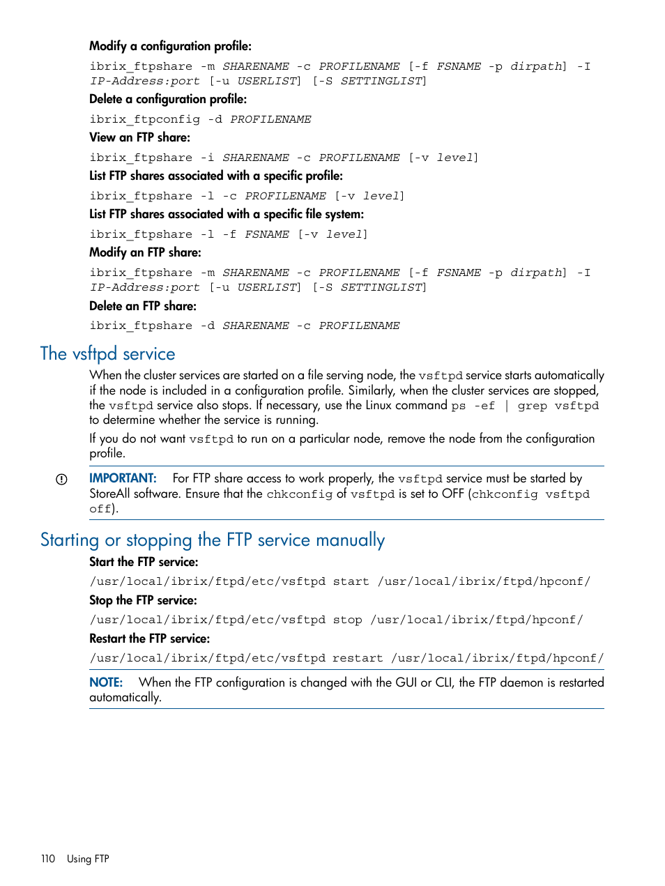 The vsftpd service, Starting or stopping the ftp service manually | HP StoreAll Storage User Manual | Page 110 / 294